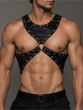 Men's Black Leather Chest Harness Vest Studded O-Ring | Halloween Costume Rave